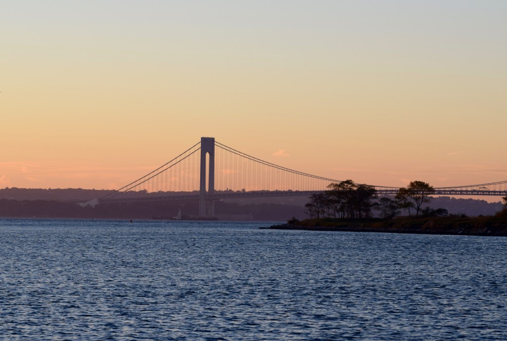 Verrazano Narrows Bridge at sunset from Coney Island