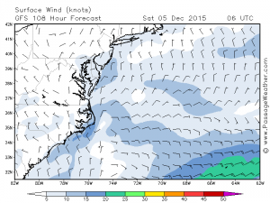 We arrived Fri but this image begins to show you why we were aiming to get in before Sat. The wind changes to 20 knots WNW, directly on our nose. Wind on our nose means we'd be forced to turn left or right of Bermuda until the wind changed direction. But the wind was supposed to increase from the WNW for Sat & Sun.