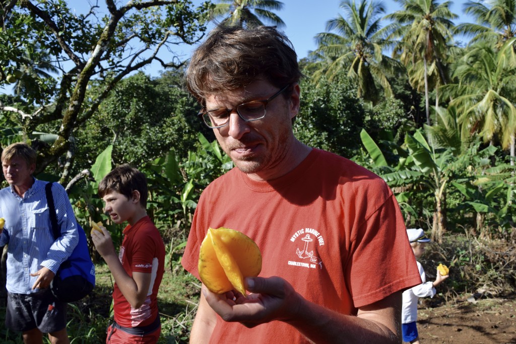 Taking a bite out of starfruit. A bit tart at the end but really tasty in the center like a peach.